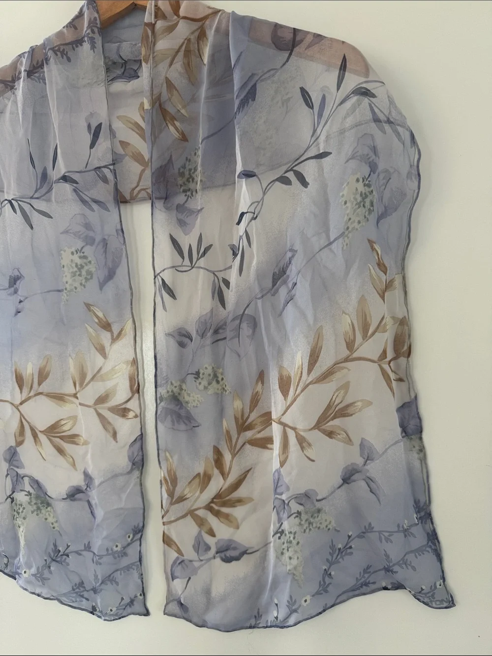 Halston Sheer Silk Floral Scarf 36x13 Blue Lavender Flowers Oblong Rectangle